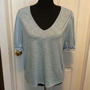 Lauren Conrad Women’s Top Blue V-Neck Short Puffy Sleeves sz L NWOT